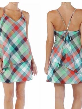 NWT Patagonia • Dappled Light Dress mini organic cotton rainbow plaid Sz 8